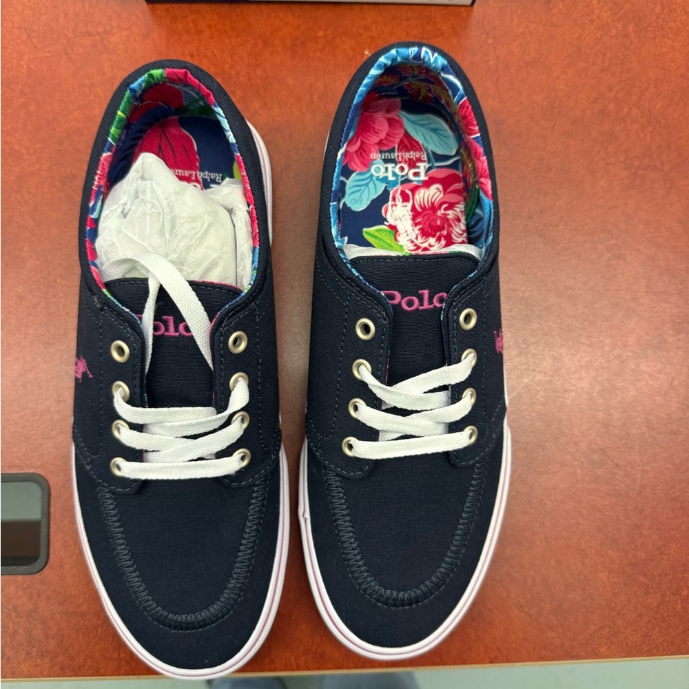 Polo Ralph Lauren Navy Sneakers with Floral Interior. Brand new!!